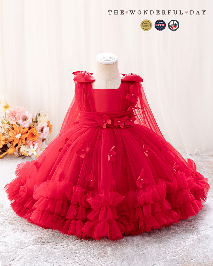 Sleeveless 3D Butterfly Tulle Princess Dress with Bow Shoulder Cape