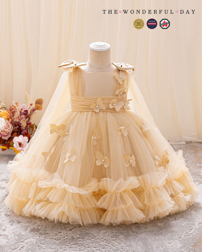 Sleeveless 3D Butterfly Tulle Princess Dress with Bow Shoulder Cape