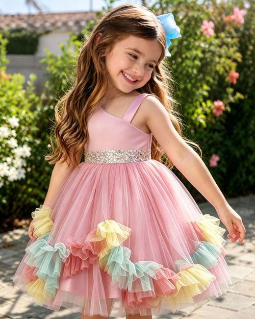 Turquoise Irregular Strap Sequin Waistband Colorful Pom Frill Princess Gown