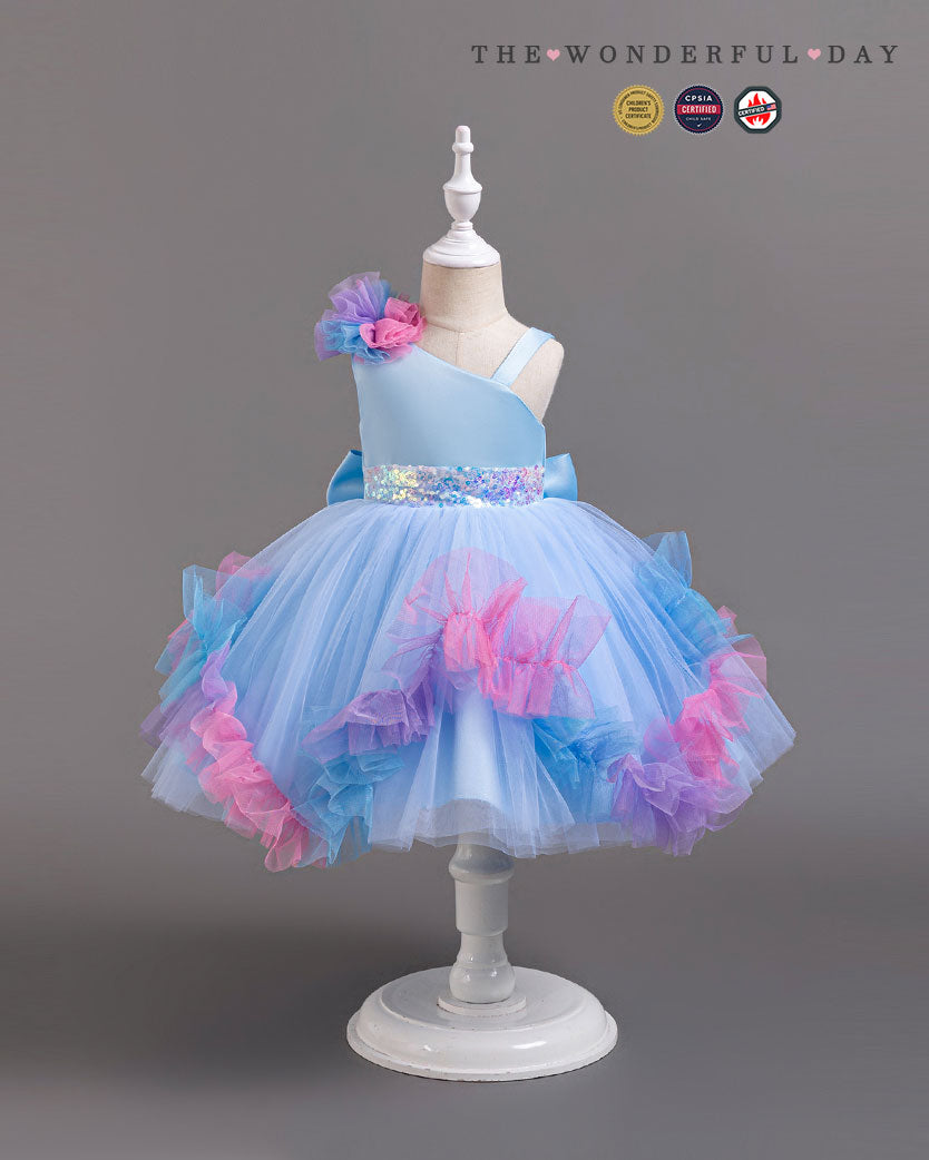 Turquoise Irregular Strap Sequin Waistband Colorful Pom Frill Princess Gown