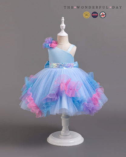 Turquoise Irregular Strap Sequin Waistband Colorful Pom Frill Princess Gown