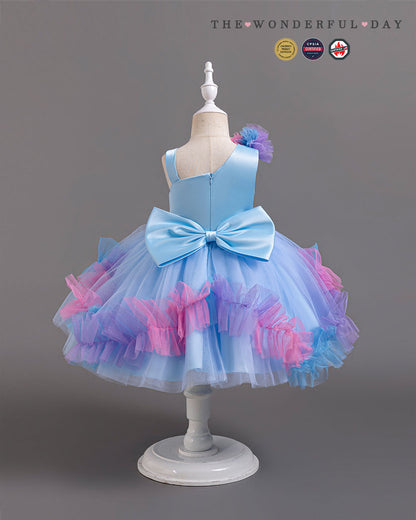 Turquoise Irregular Strap Sequin Waistband Colorful Pom Frill Princess Gown