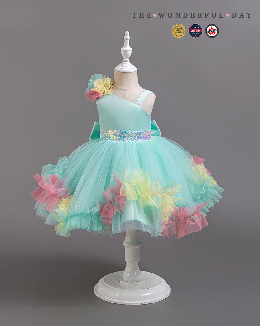 Turquoise Irregular Strap Sequin Waistband Colorful Pom Frill Princess Gown