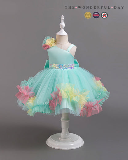 Turquoise Irregular Strap Sequin Waistband Colorful Pom Frill Princess Gown