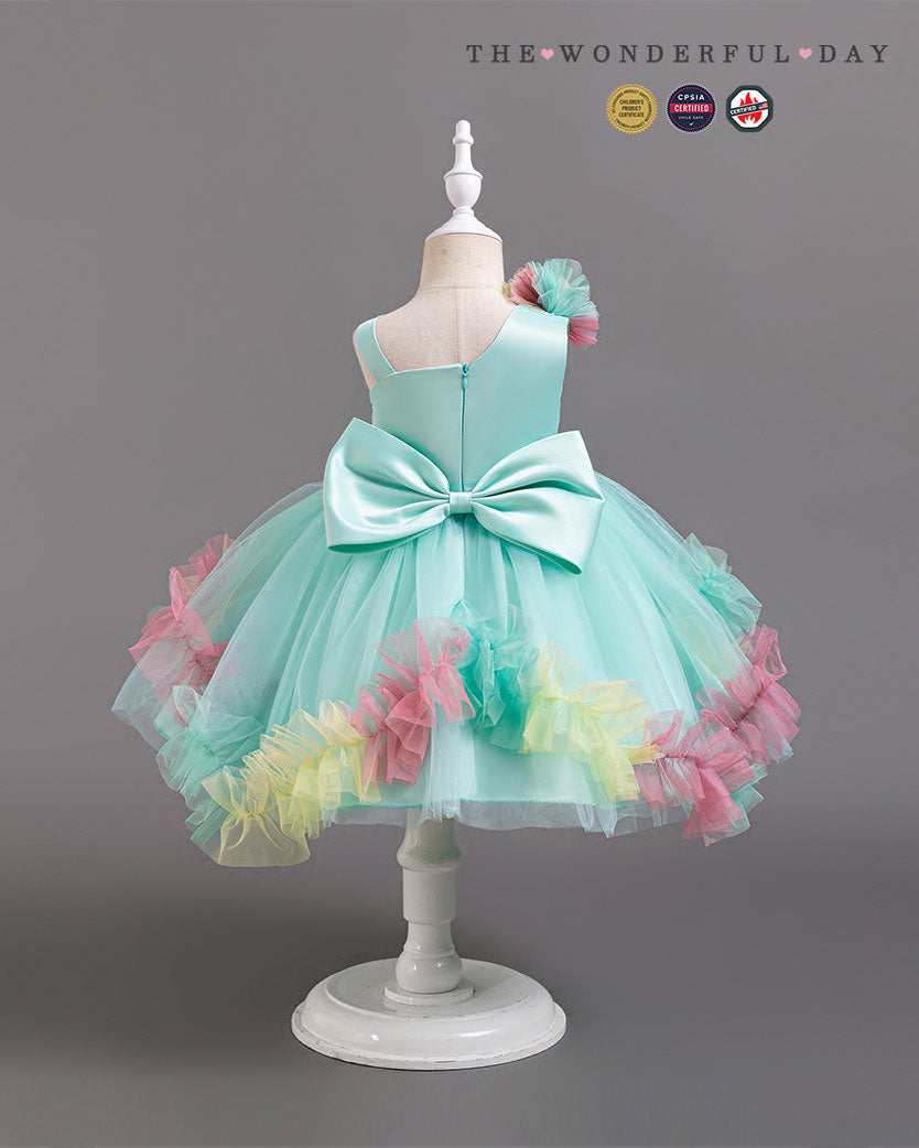 Turquoise Irregular Strap Sequin Waistband Colorful Pom Frill Princess Gown
