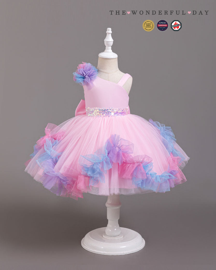 Turquoise Irregular Strap Sequin Waistband Colorful Pom Frill Princess Gown