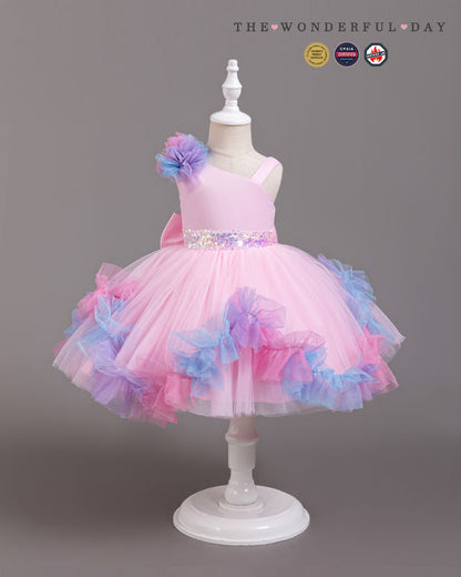 Turquoise Irregular Strap Sequin Waistband Colorful Pom Frill Princess Gown