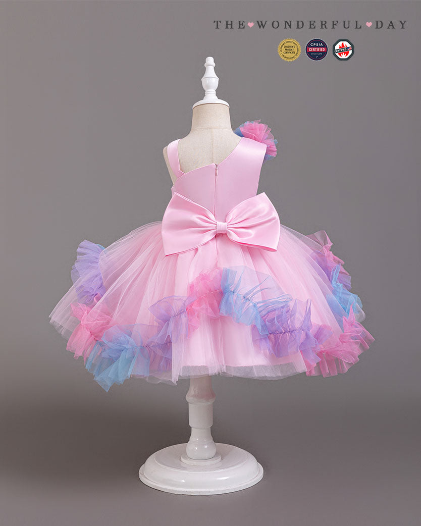 Turquoise Irregular Strap Sequin Waistband Colorful Pom Frill Princess Gown