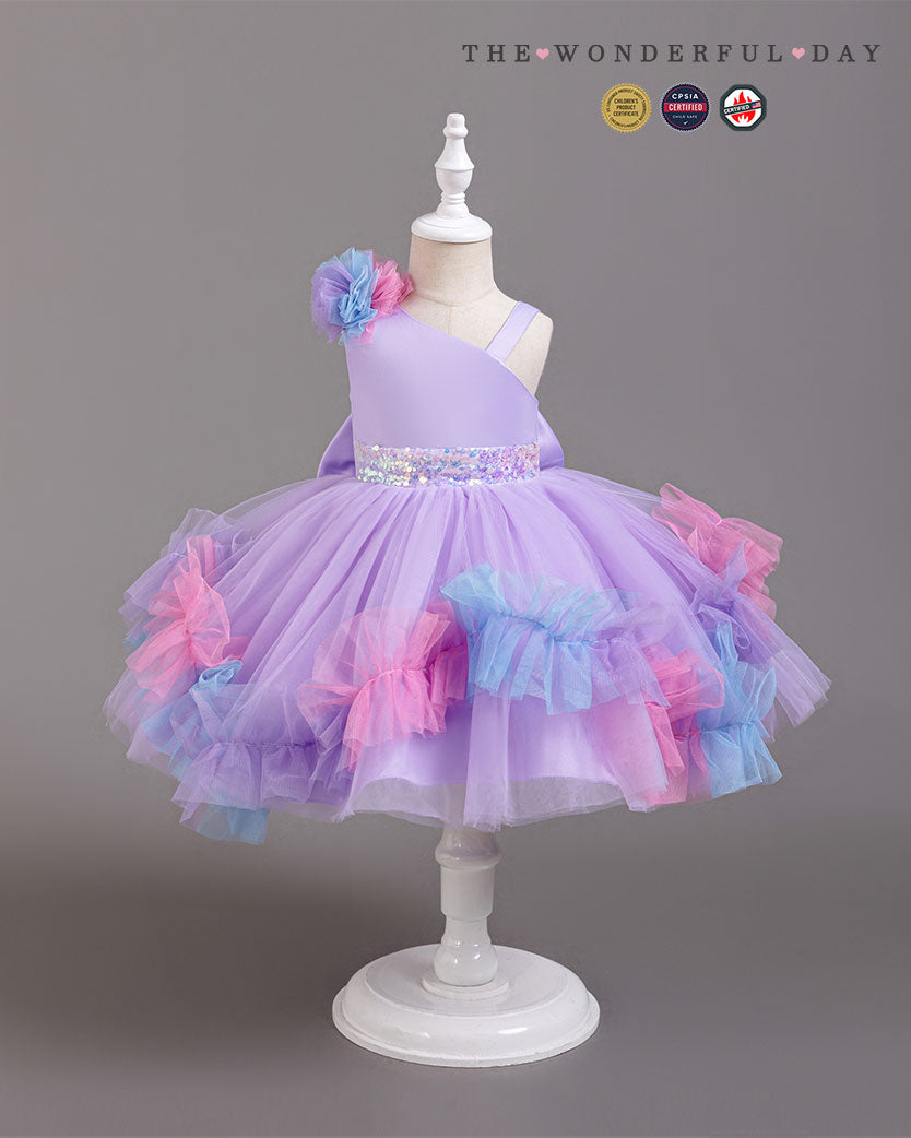 Turquoise Irregular Strap Sequin Waistband Colorful Pom Frill Princess Gown