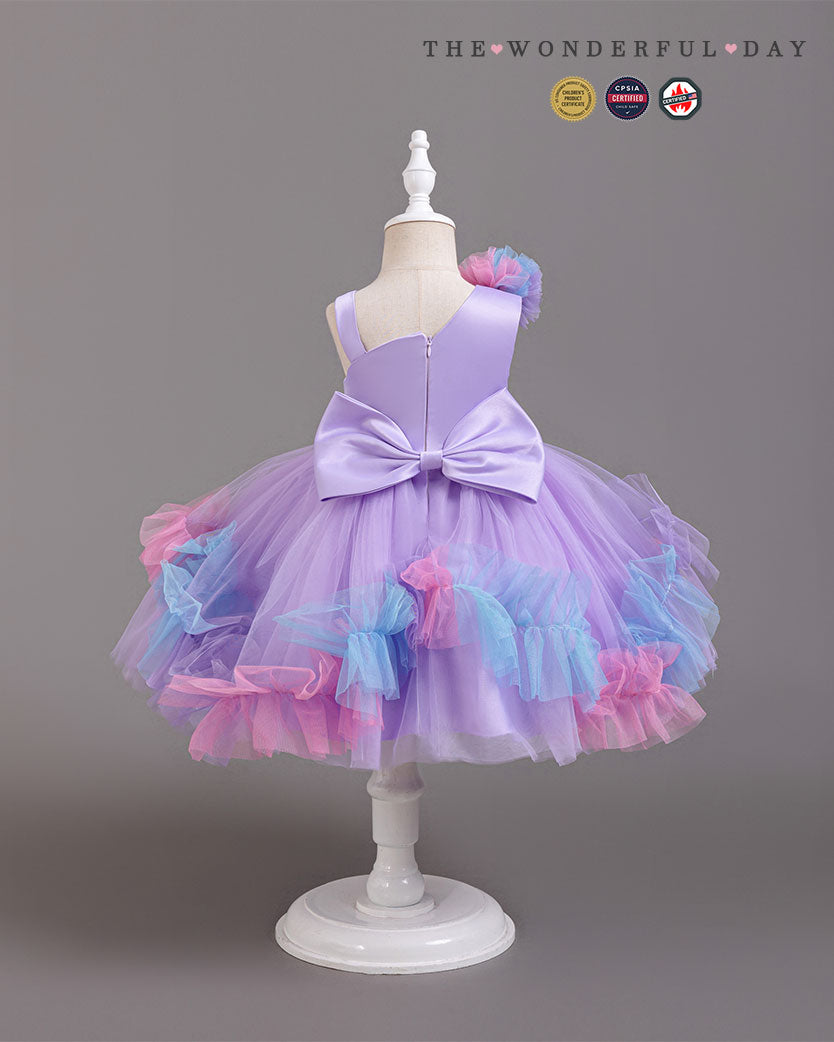 Turquoise Irregular Strap Sequin Waistband Colorful Pom Frill Princess Gown