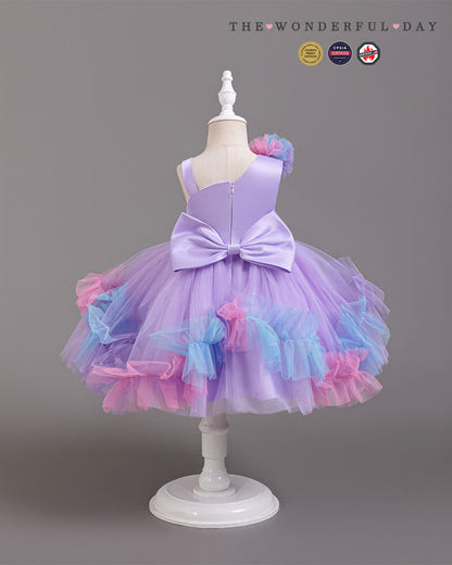 Turquoise Irregular Strap Sequin Waistband Colorful Pom Frill Princess Gown