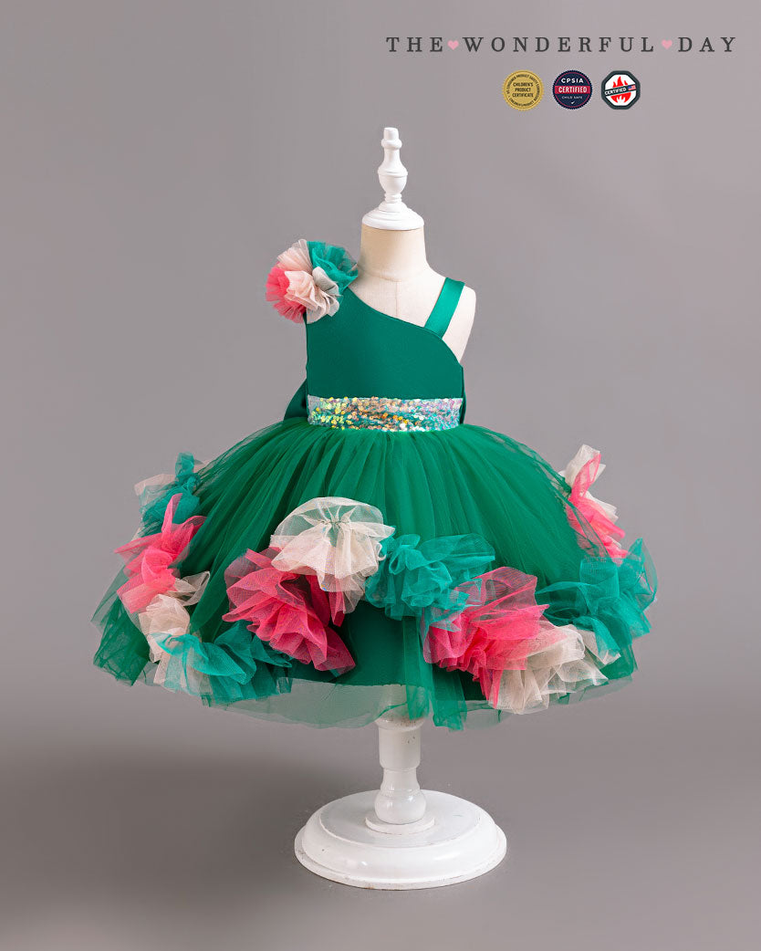Turquoise Irregular Strap Sequin Waistband Colorful Pom Frill Princess Gown