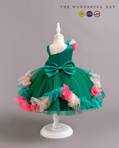 Turquoise Irregular Strap Sequin Waistband Colorful Pom Frill Princess Gown