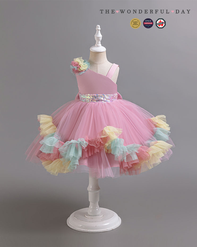 Turquoise Irregular Strap Sequin Waistband Colorful Pom Frill Princess Gown