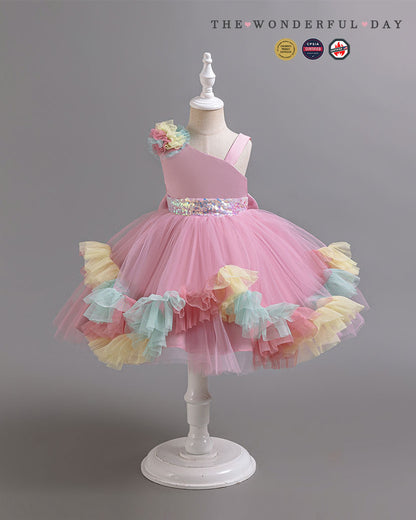 Turquoise Irregular Strap Sequin Waistband Colorful Pom Frill Princess Gown