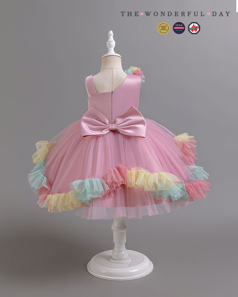 Turquoise Irregular Strap Sequin Waistband Colorful Pom Frill Princess Gown