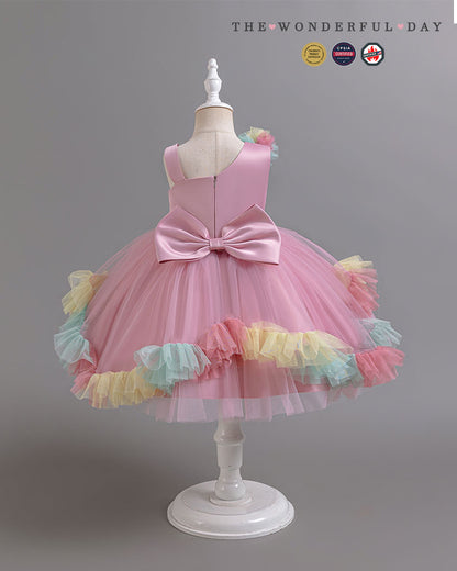 Turquoise Irregular Strap Sequin Waistband Colorful Pom Frill Princess Gown