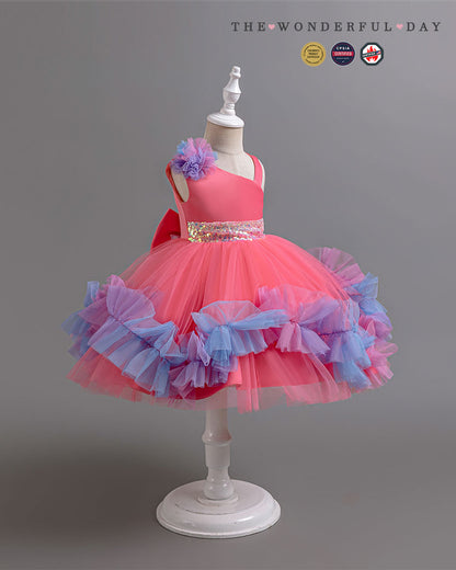 Turquoise Irregular Strap Sequin Waistband Colorful Pom Frill Princess Gown