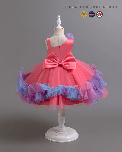 Turquoise Irregular Strap Sequin Waistband Colorful Pom Frill Princess Gown
