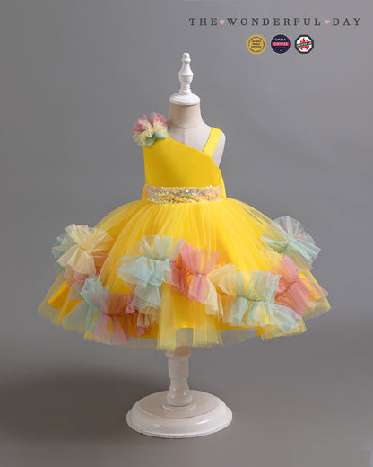 Turquoise Irregular Strap Sequin Waistband Colorful Pom Frill Princess Gown
