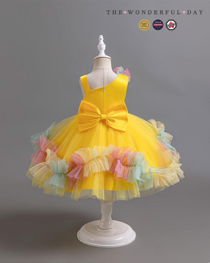Turquoise Irregular Strap Sequin Waistband Colorful Pom Frill Princess Gown