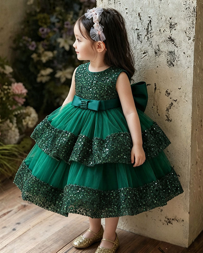 Girls Luxury Couture Sleeveless Sequin Tiered Tulle Ball Gown