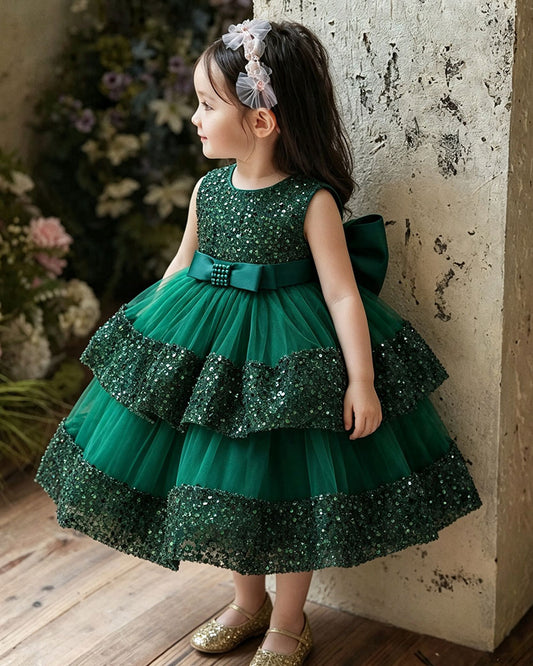 Girls Luxury Couture Sleeveless Sequin Tiered Tulle Ball Gown