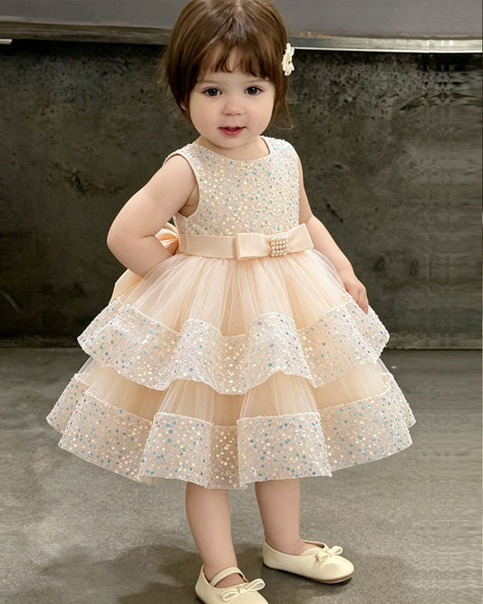 Girls Luxury Couture Sleeveless Sequin Tiered Tulle Ball Gown