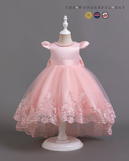 Elegant Girls Short Sleeve Lace High-Low Tulle Princess Dress