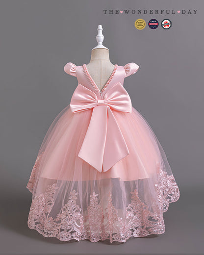 Elegant Girls Short Sleeve Lace High-Low Tulle Princess Dress