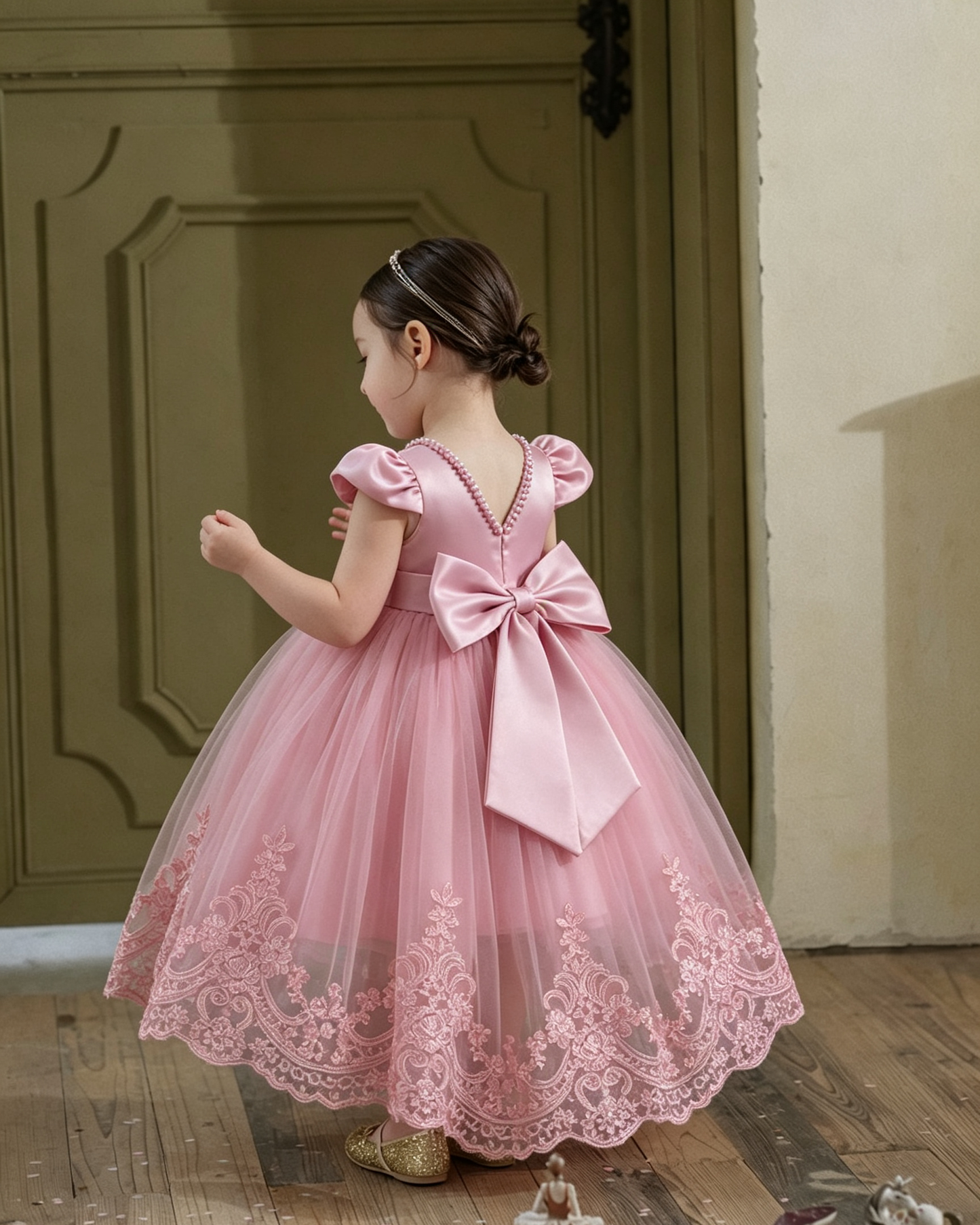 Elegant Girls Short Sleeve Lace High-Low Tulle Princess Dress
