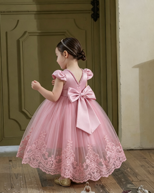 Elegant Girls Short Sleeve Lace High-Low Tulle Princess Dress