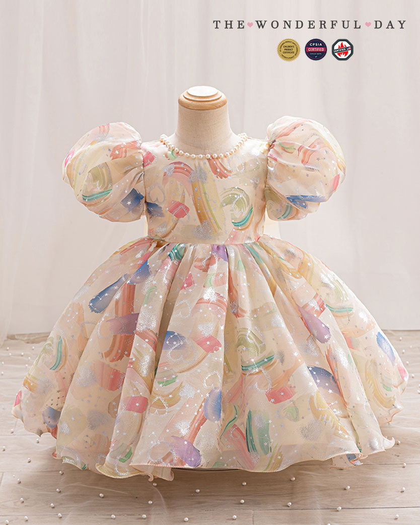 Girls Playful Watercolor Brushstroke Puff Sleeve Tulle Princess Party Dress