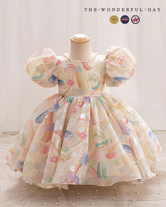 Girls Playful Watercolor Brushstroke Puff Sleeve Tulle Princess Party Dress