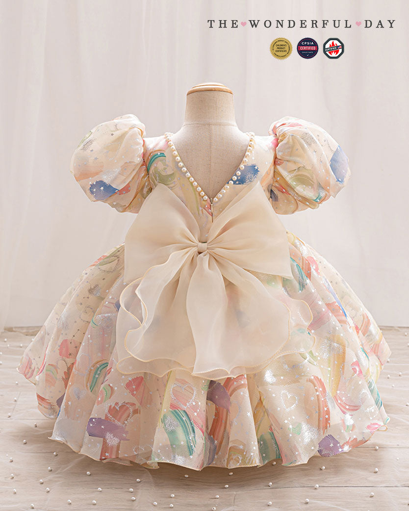 Girls Playful Watercolor Brushstroke Puff Sleeve Tulle Princess Party Dress