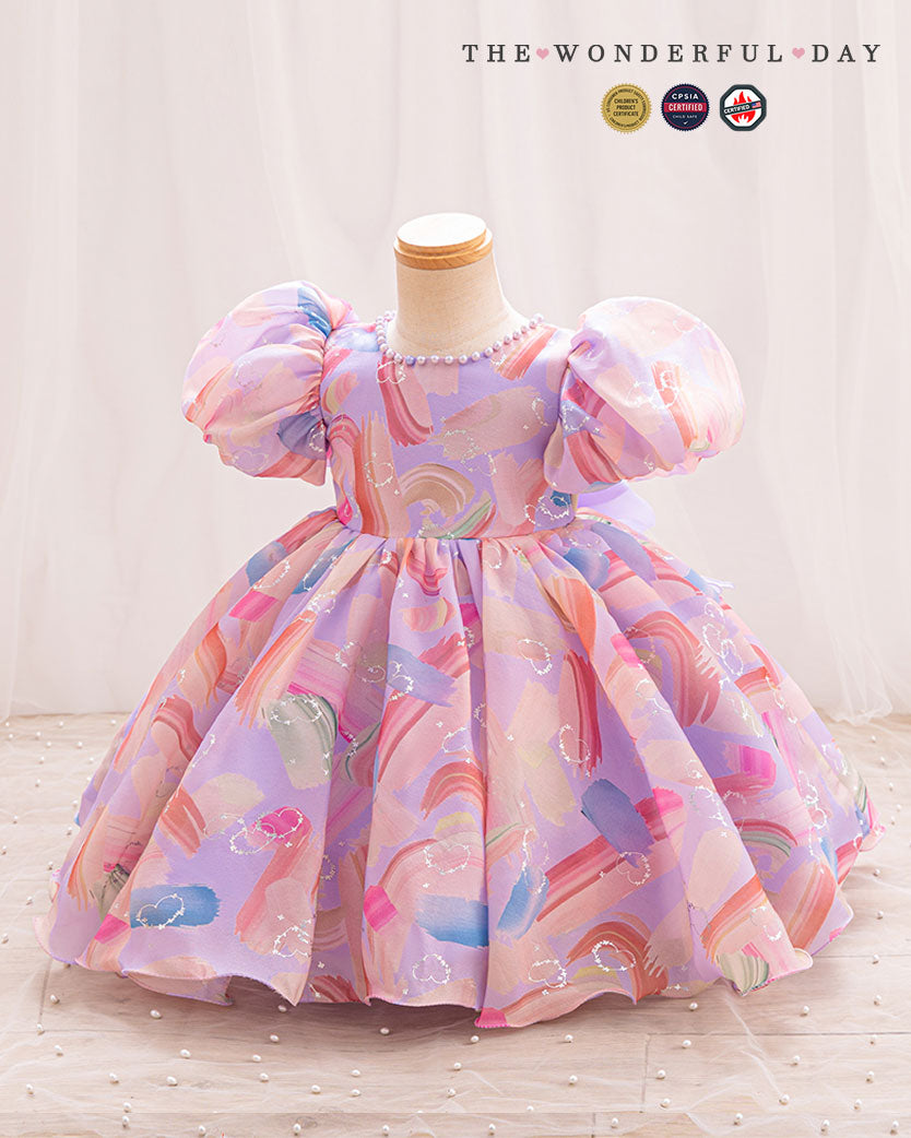 Girls Playful Watercolor Brushstroke Puff Sleeve Tulle Princess Party Dress