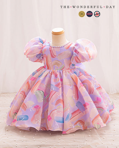 Girls Playful Watercolor Brushstroke Puff Sleeve Tulle Princess Party Dress