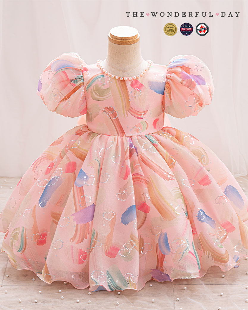 Girls Playful Watercolor Brushstroke Puff Sleeve Tulle Princess Party Dress