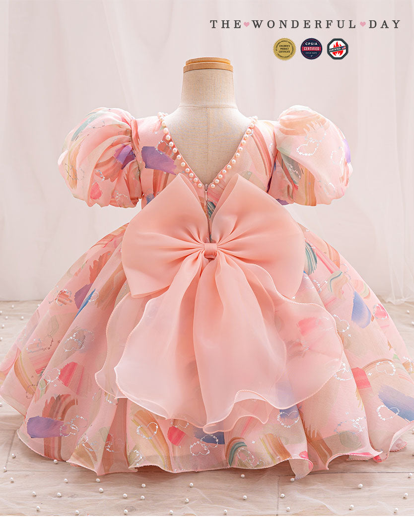 Girls Playful Watercolor Brushstroke Puff Sleeve Tulle Princess Party Dress
