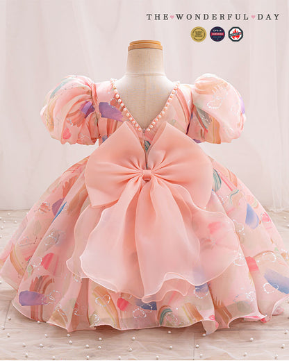 Girls Playful Watercolor Brushstroke Puff Sleeve Tulle Princess Party Dress