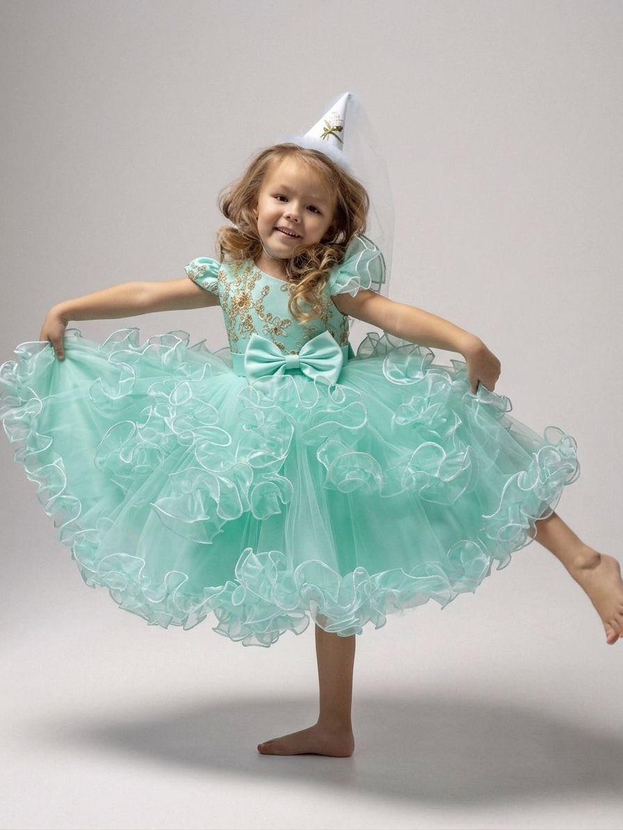 Girls Luxury Gold Embroidered One-Shoulder Tulle Princess Gown with Ruffle Layers & Matching Headband
