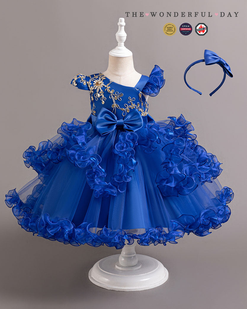 Girls Luxury Gold Embroidered One-Shoulder Tulle Princess Gown with Ruffle Layers & Matching Headband
