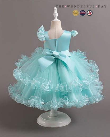 Girls Luxury Gold Embroidered One-Shoulder Tulle Princess Gown with Ruffle Layers & Matching Headband