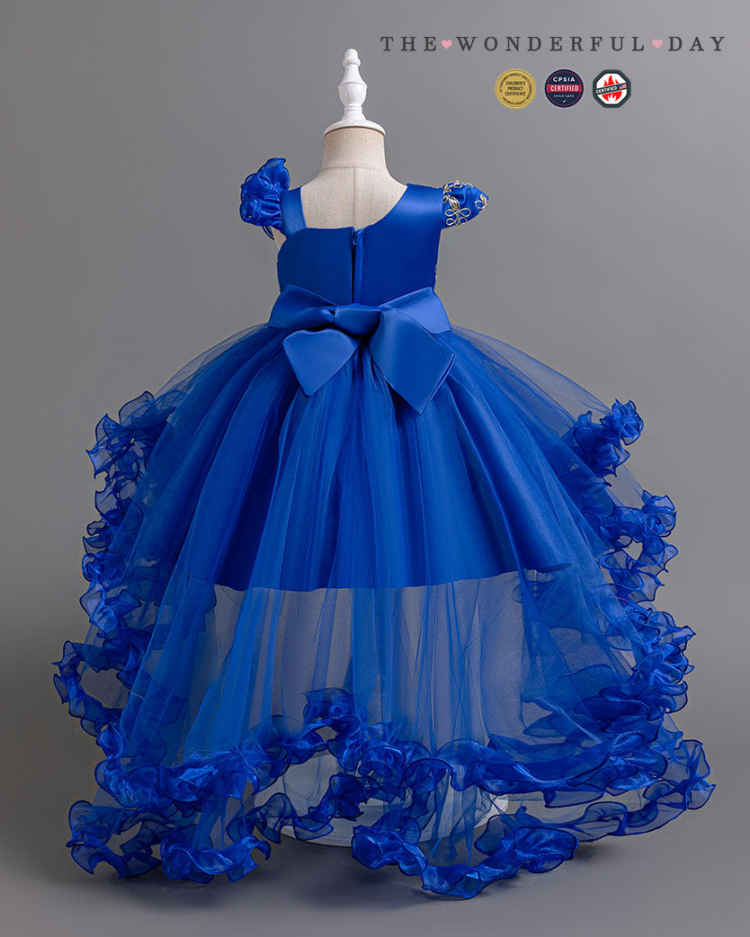 Luxury Asymmetric Sleeve Gold Embroidered High-Low Tulle Princess Dress with Rose Ruffle Layers
