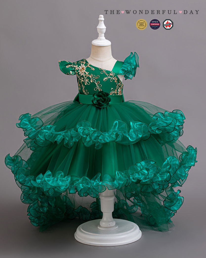 Luxury Asymmetric Sleeve Gold Embroidered High-Low Tulle Princess Dress with Rose Ruffle Layers