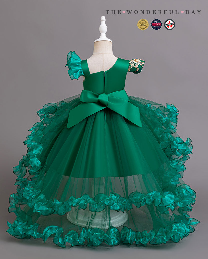 Luxury Asymmetric Sleeve Gold Embroidered High-Low Tulle Princess Dress with Rose Ruffle Layers