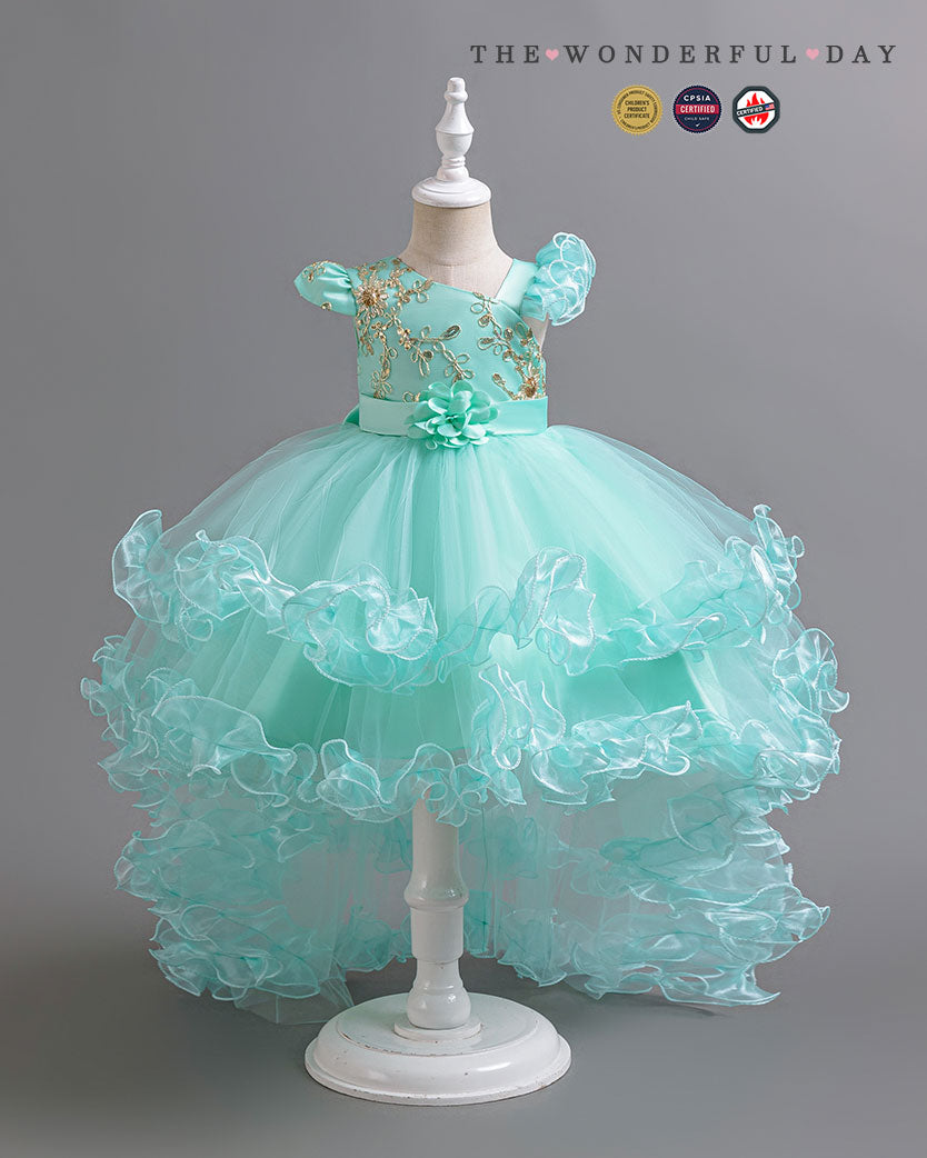 Luxury Asymmetric Sleeve Gold Embroidered High-Low Tulle Princess Dress with Rose Ruffle Layers