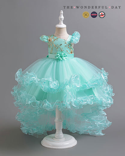 Luxury Asymmetric Sleeve Gold Embroidered High-Low Tulle Princess Dress with Rose Ruffle Layers