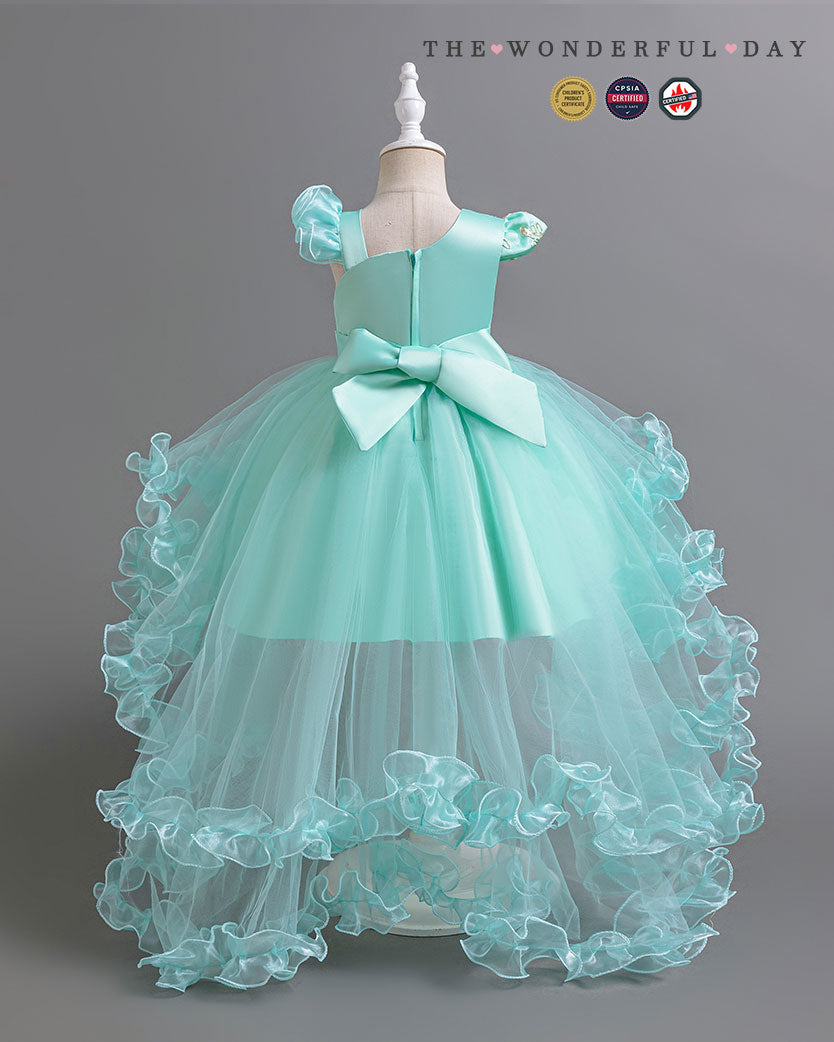 Luxury Asymmetric Sleeve Gold Embroidered High-Low Tulle Princess Dress with Rose Ruffle Layers