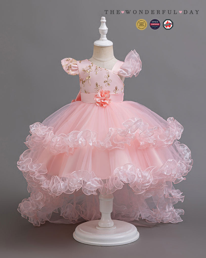Luxury Asymmetric Sleeve Gold Embroidered High-Low Tulle Princess Dress with Rose Ruffle Layers
